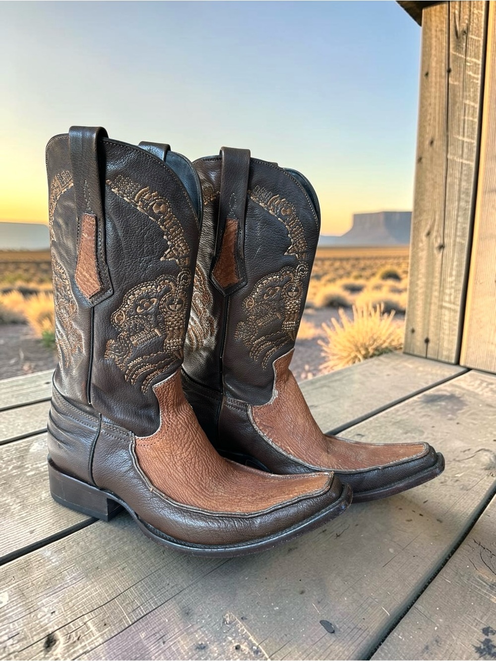 Cuadra Men’s 8.5 Genuine Shark Leather Cowboy Boots Square Toe Brown Black